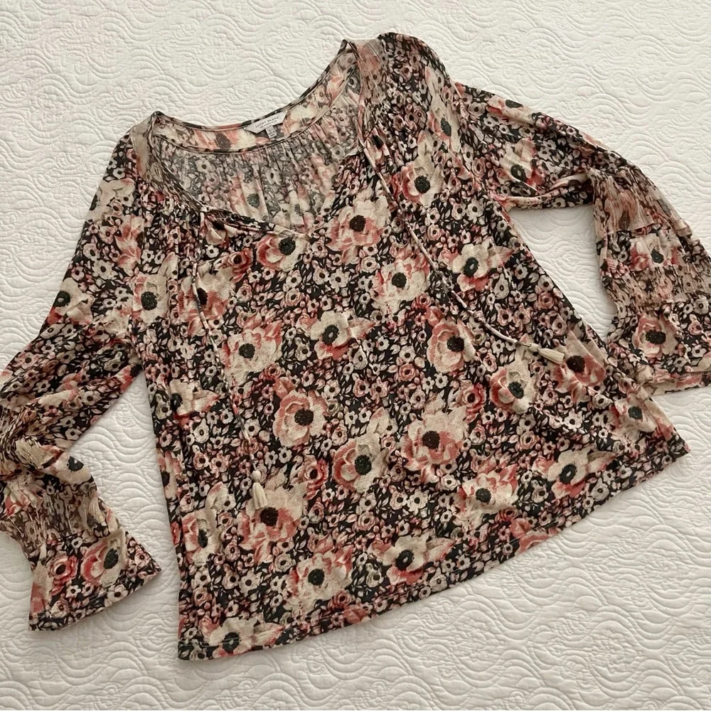 Lucky Brand Womenβs Tie Front Boho Peasant Long Sleeve Blouse Sz L - Picture 4 of 15